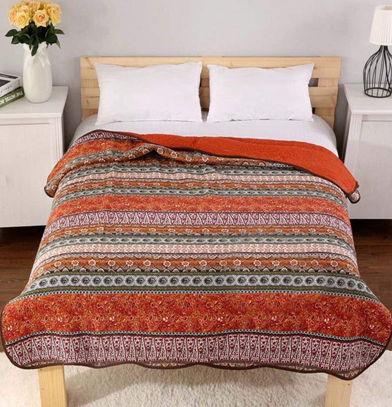 Cozyholy بطانية كوزي هولي بوهو بحجم توين 100% قطن مزخرفة ملونة بتصميم بوهو مخطط غطاء سرير قابل للعكس خفيف الوزن خياطة عتيقة غطاء سرير بطانية رمي للأريكة باللون البرتقالي - Image 2